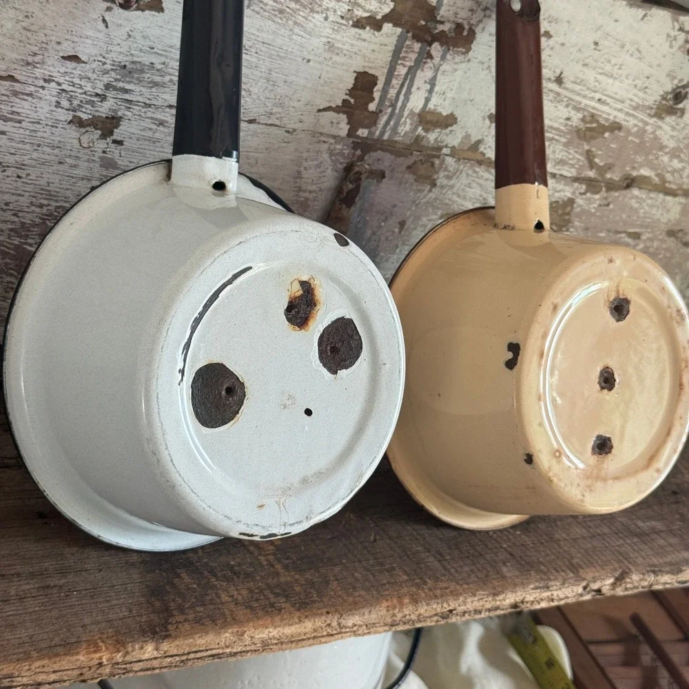 Vintage Enamelware Pot Set Rustic Distressed Farmhouse‎ Decor Cream White 2pc